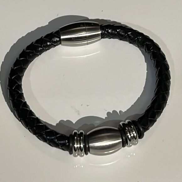 Leather Braided Bracelet with Silver Tone Hardware & Magnetic Closure - Picture 1 of 10